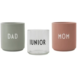 Design Letters Geschenkbox FAMILY Porzellantassen Und Trinkglas Aus Tritan Mit Lasergravur, 3 Teiliges Set